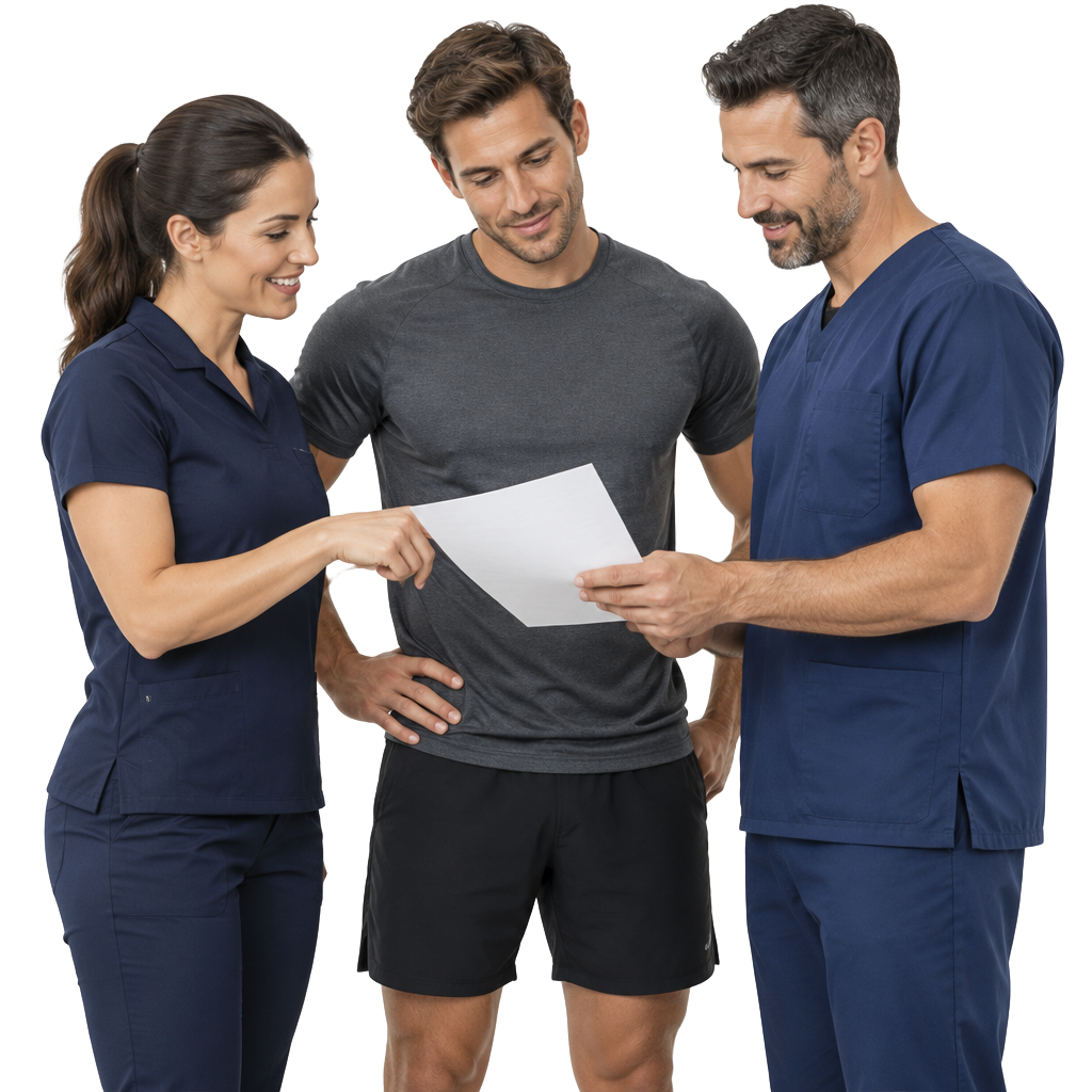 Clinical team reviewing a care plan with an athletic male patient
