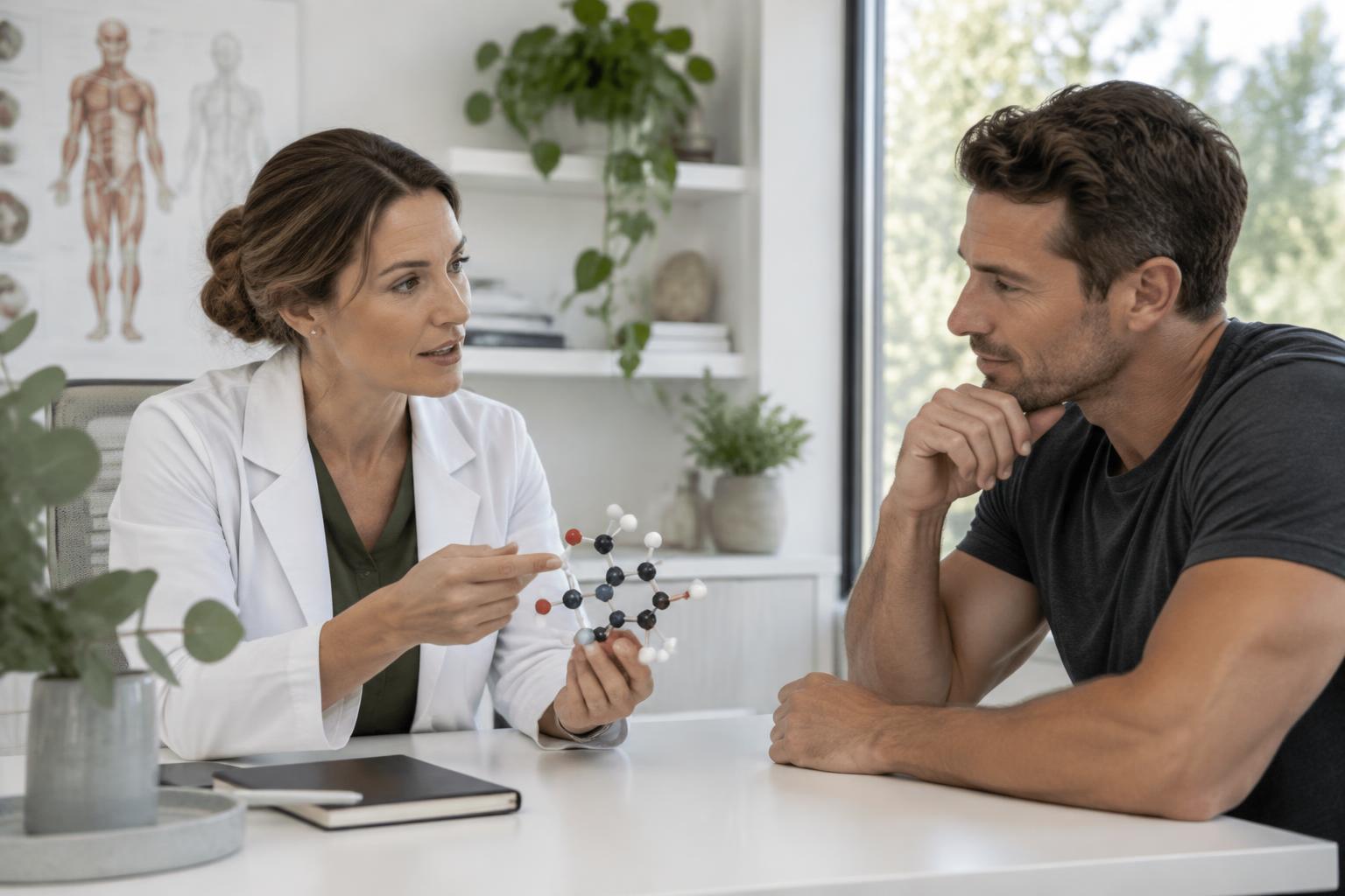 Clinician explaining peptide biology with a molecular model